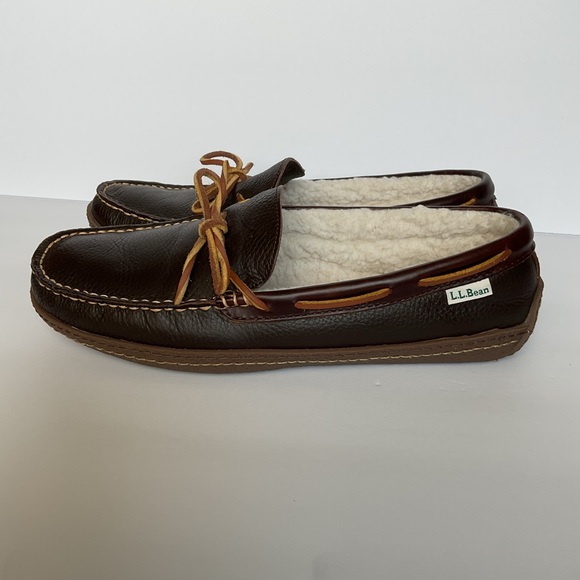 L.L. Bean Men's Dark Brown Leather Slip-Ons House Slippers with Sherpa Lining 10 - Picture 1 of 9
